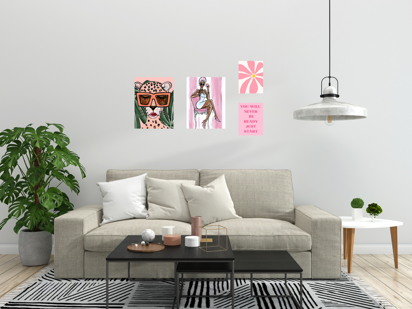 Rosa Typografieposter „Just Start“ – stilvolle Wanddekoration auf Metall mit Magnetaufhängung