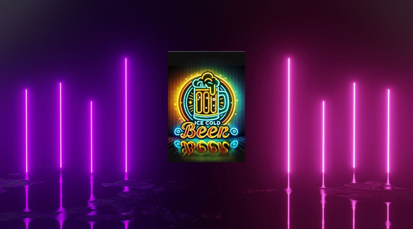 Poster mit Bier-Neon-Design in cooler Lounge – Magnetposter ohne Bohren, ideal für Küche oder Barbereich.