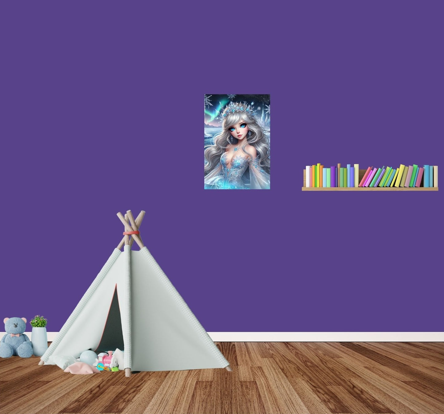 Kinderzimmer mit Poster einer Eisprinzessin – stilvolle Wanddeko mit Magnetbefestigung, ideal für märchenhafte Räume.