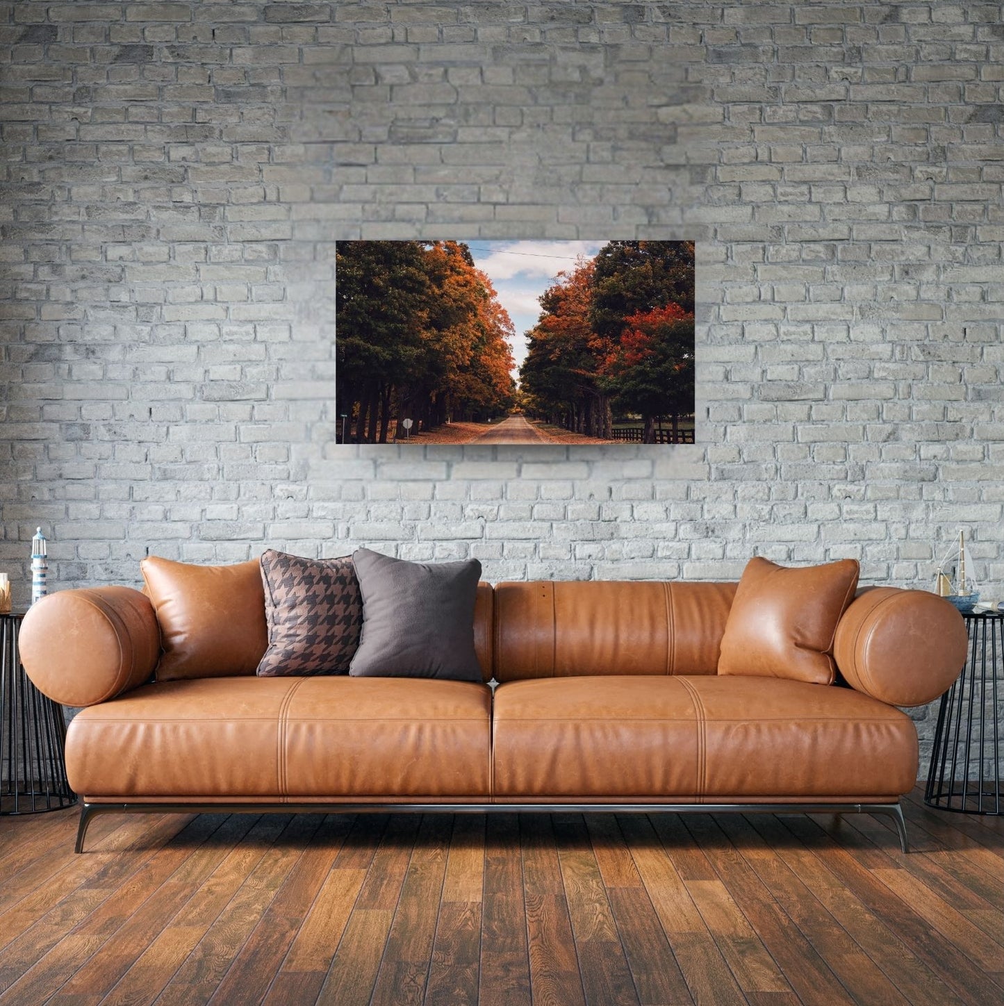 Wanddekoration mit herbstlicher Straße in warmen Farben – elegantes Ambiente im Wohnraum