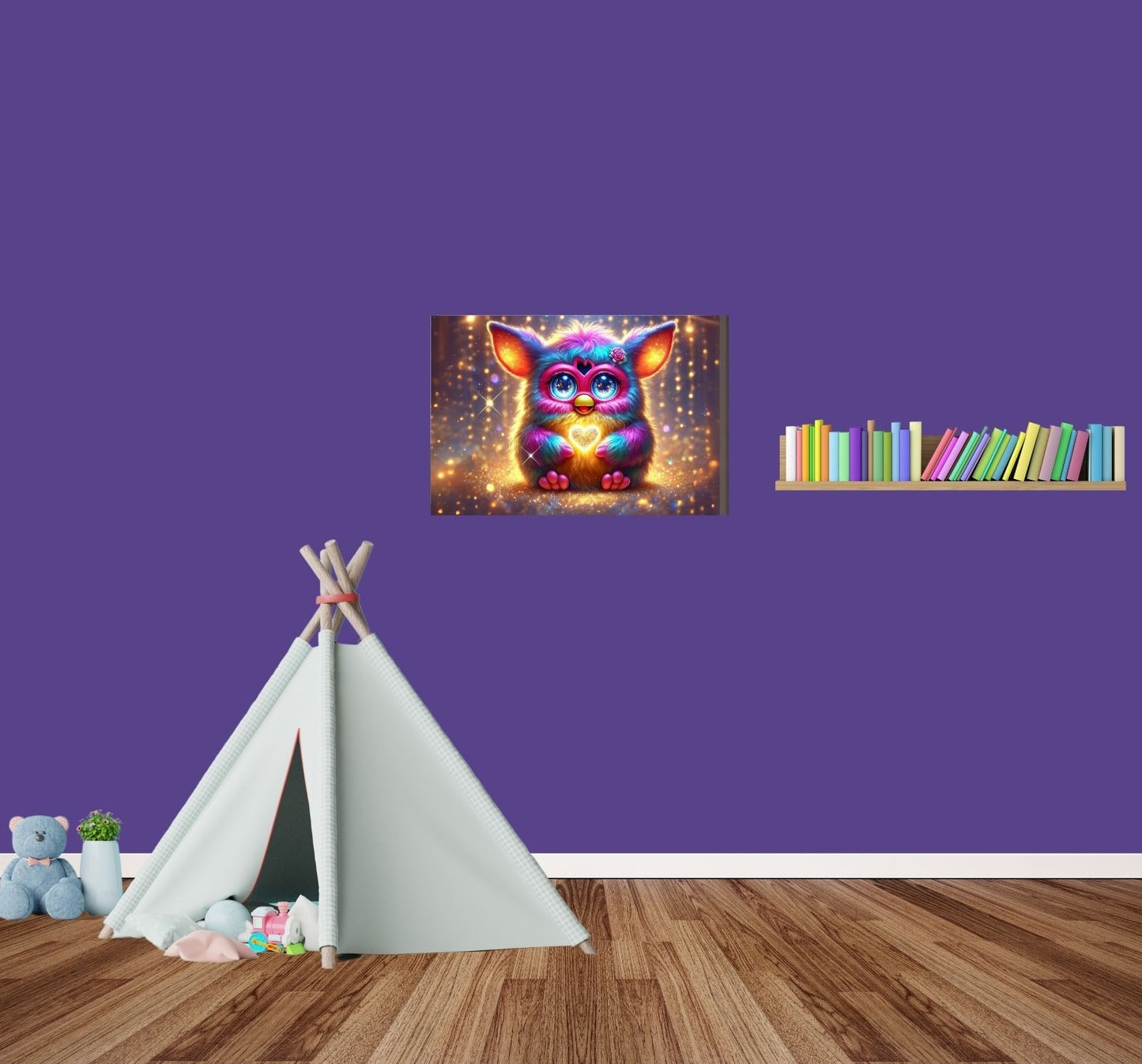 Neon-Metallposter mit leuchtendem Kuscheltier und Herzsymbol – warm, bunt & fantasievoll.