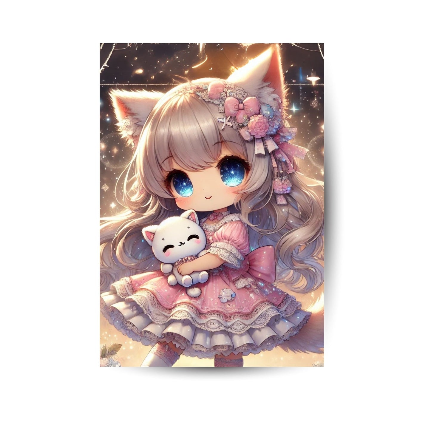 Niedliche Anime-Katzenprinzessin auf Metallposter – farbenfrohe Illustration mit Katzenfreund