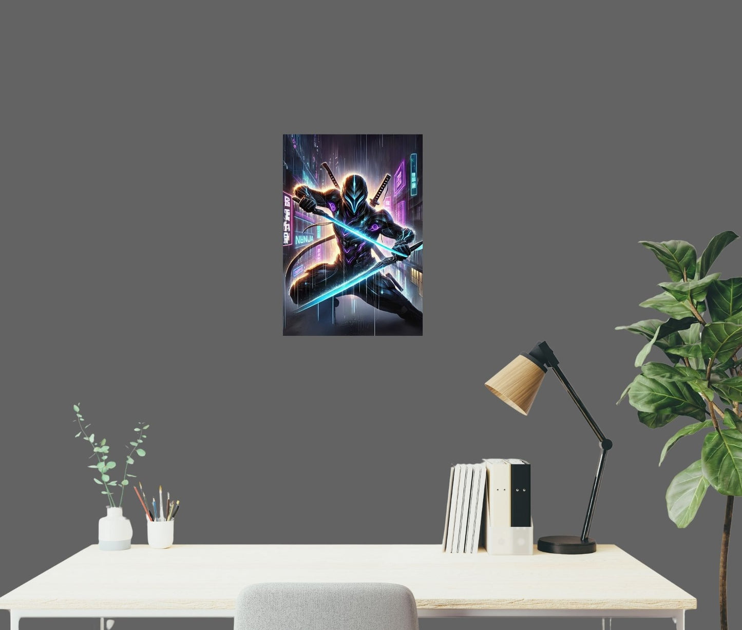 Stylisches Wandbild mit Schattenkrieger im Neonlicht – ideal für Cyberpunk-Ästhetik.