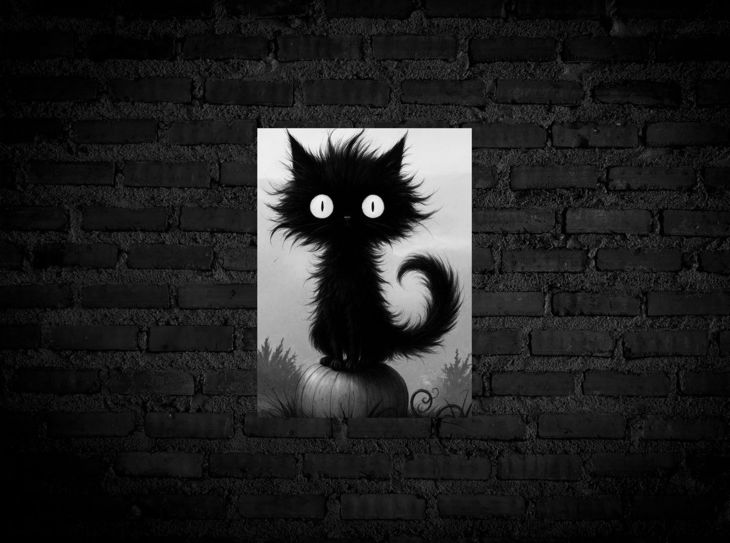Kürbiskatze – Skurriles Halloween-Poster in Schwarzweiß