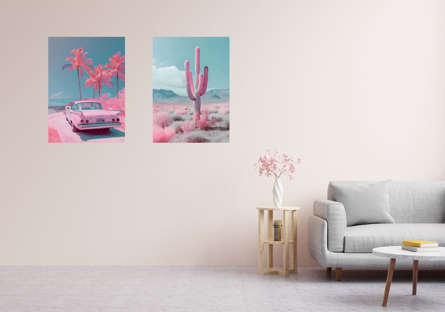 Stylisches Wohnambiente mit Retro-Auto-Poster – farbenfrohes Wandbild mit Palmen und Oldtimer in Pinktönen