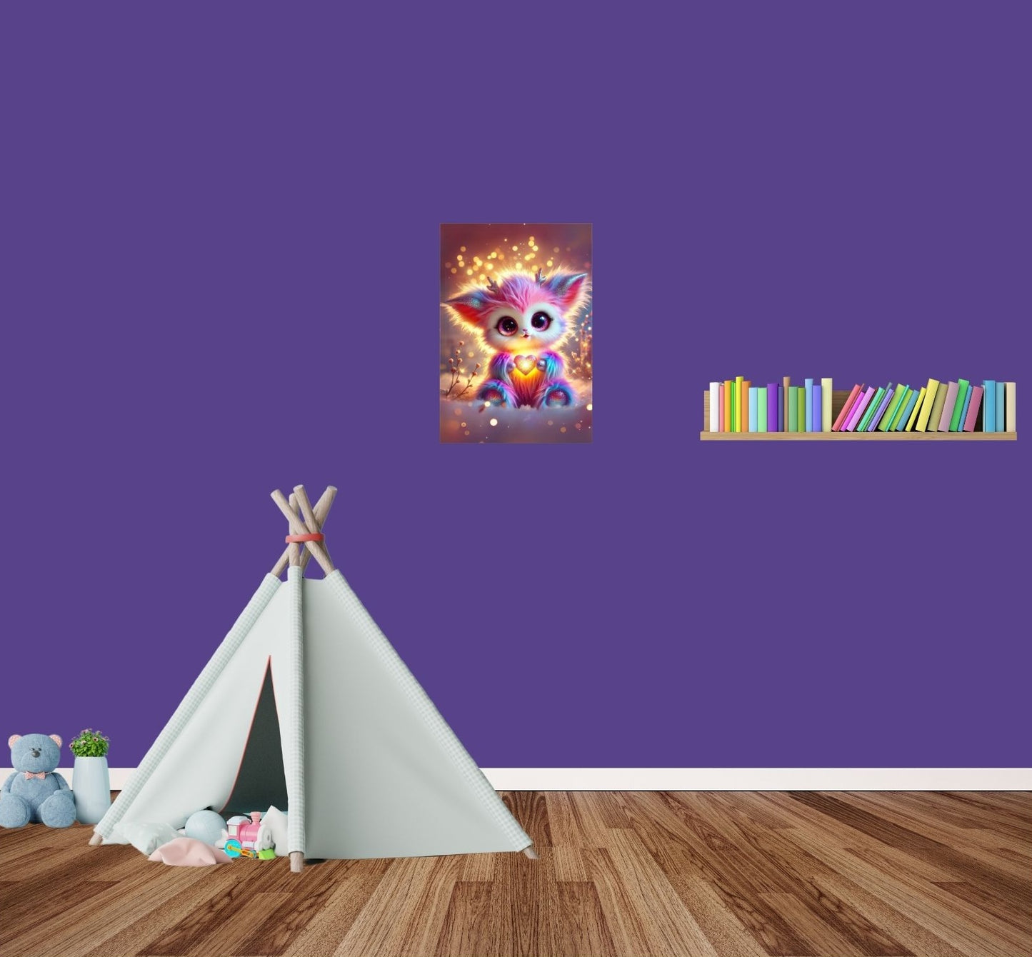 Poster eines süßen Fantasytieres im Kinderzimmer – verspielte Wanddeko mit Wow-Effekt.