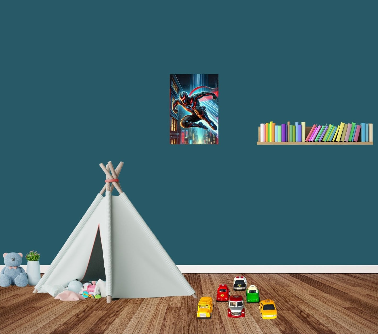 Futuristischer Held im Neon-Anzug springt durch eine düstere Cyberpunk-Stadt – perfekt für Sci-Fi- und Superhelden-Fans