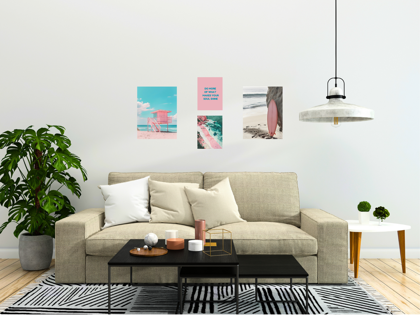 Ferienwohnung mit pinkem Strandposter – Sommerlook im Wohnzimmer