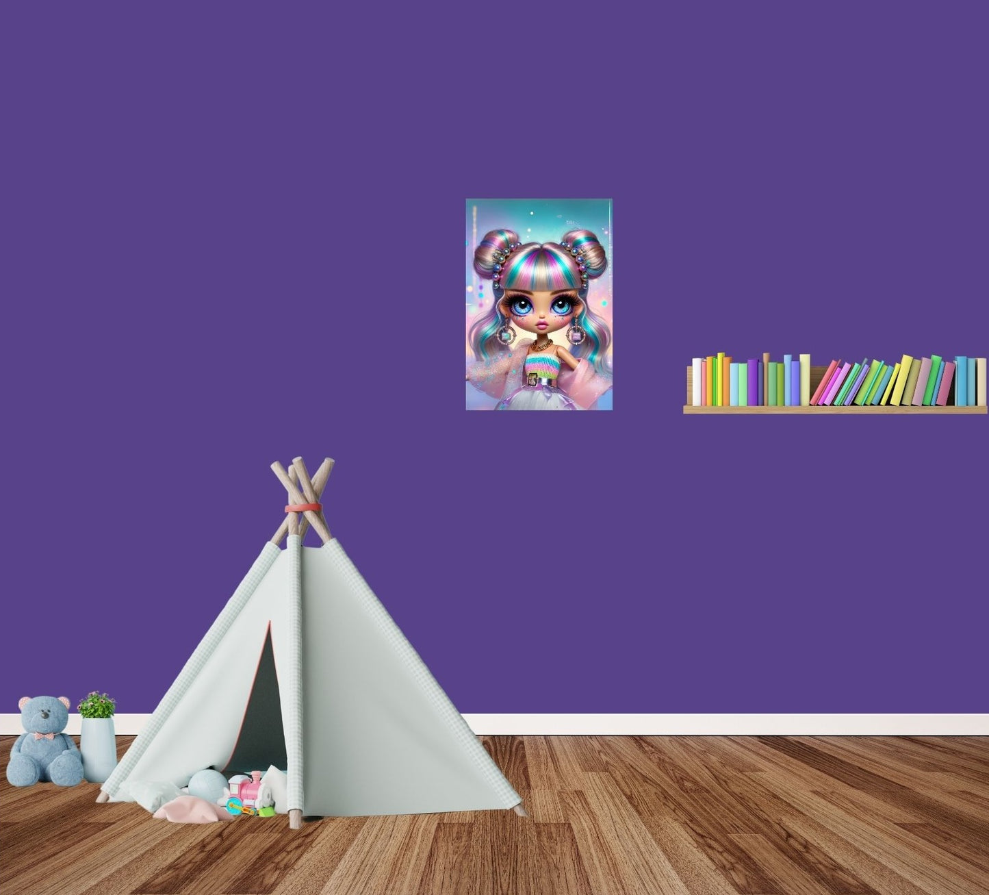 Illustration einer galaktischen Stardust Diva mit buntem Haar, Neonfarben und funkelnden Accessoires – perfekt für Fashionistas und Ästhetik-Fans