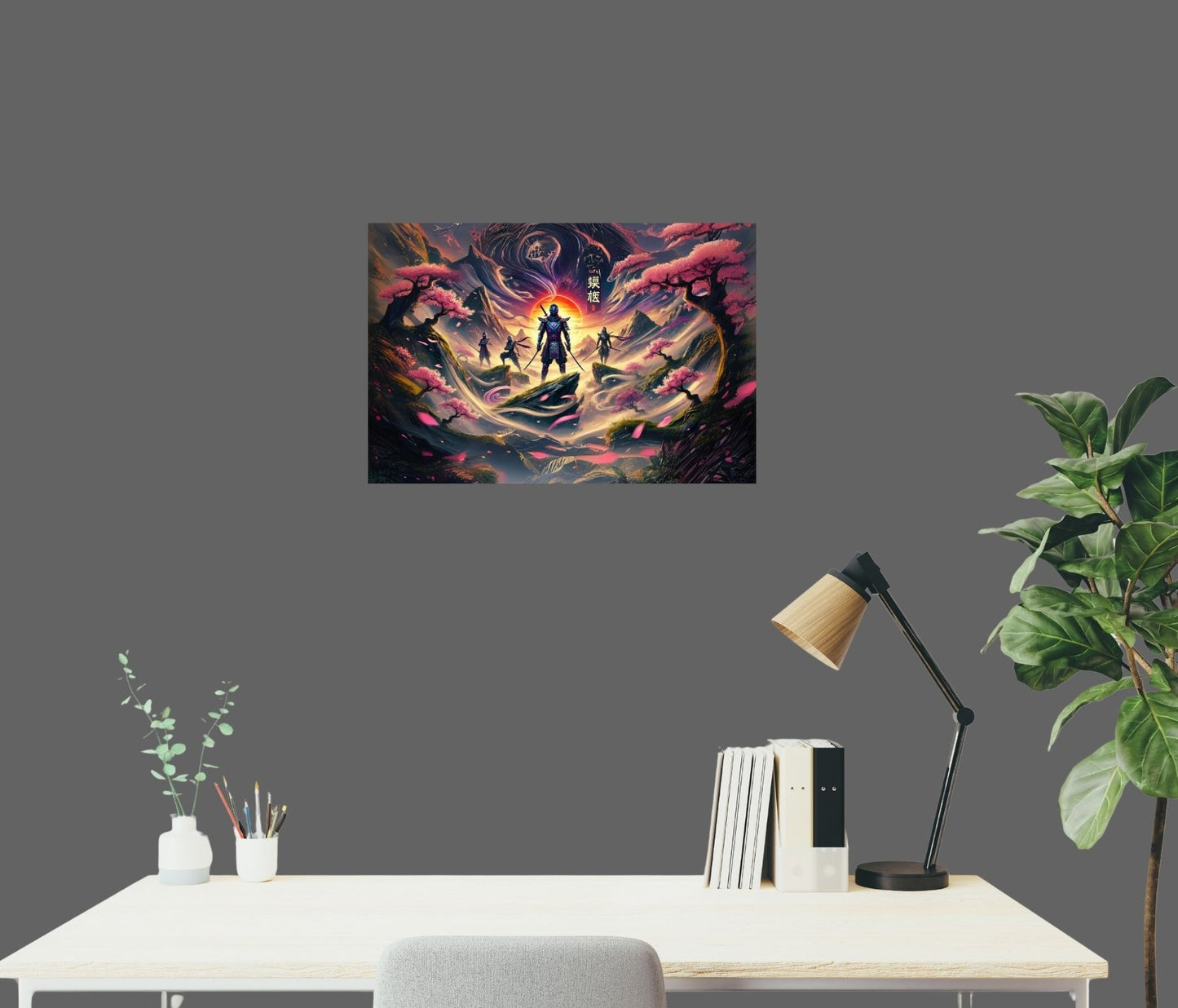 Stilvoll eingerichtetes Zimmer mit Schattenkrieger-Poster – elegante Samurai-Stimmung trifft auf moderne Deko.