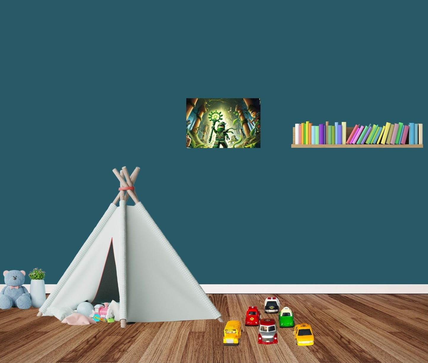 Kinderzimmer oder Gaming-Zimmer mit grünem Wald-Ninja-Motiv als Metallposter – kraftvoll und detailreich.