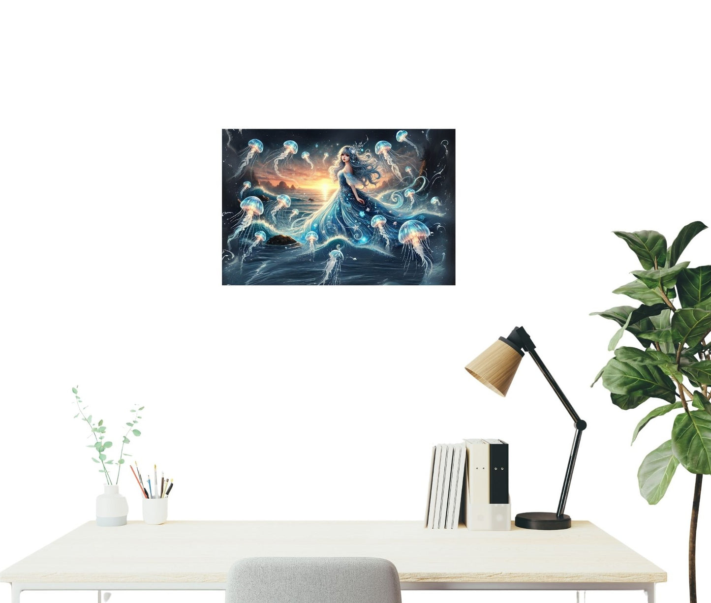 Poster „Ozeanskönigin“ über Sofa – magisches Unterwassermotiv mit Meerestieren & blauen Farbtönen