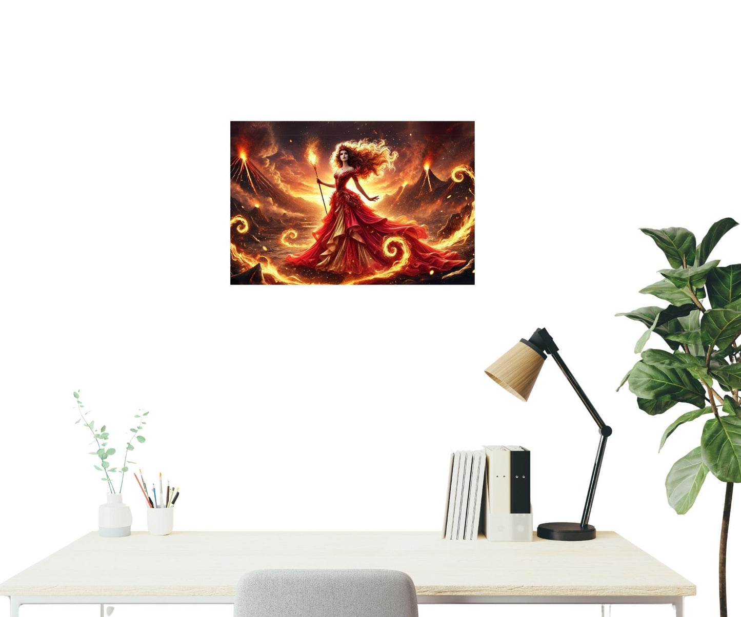 Poster „Feuerkönigin“ an der Wand – kraftvolles Fantasy-Motiv mit roten Flammen in modernem Raum