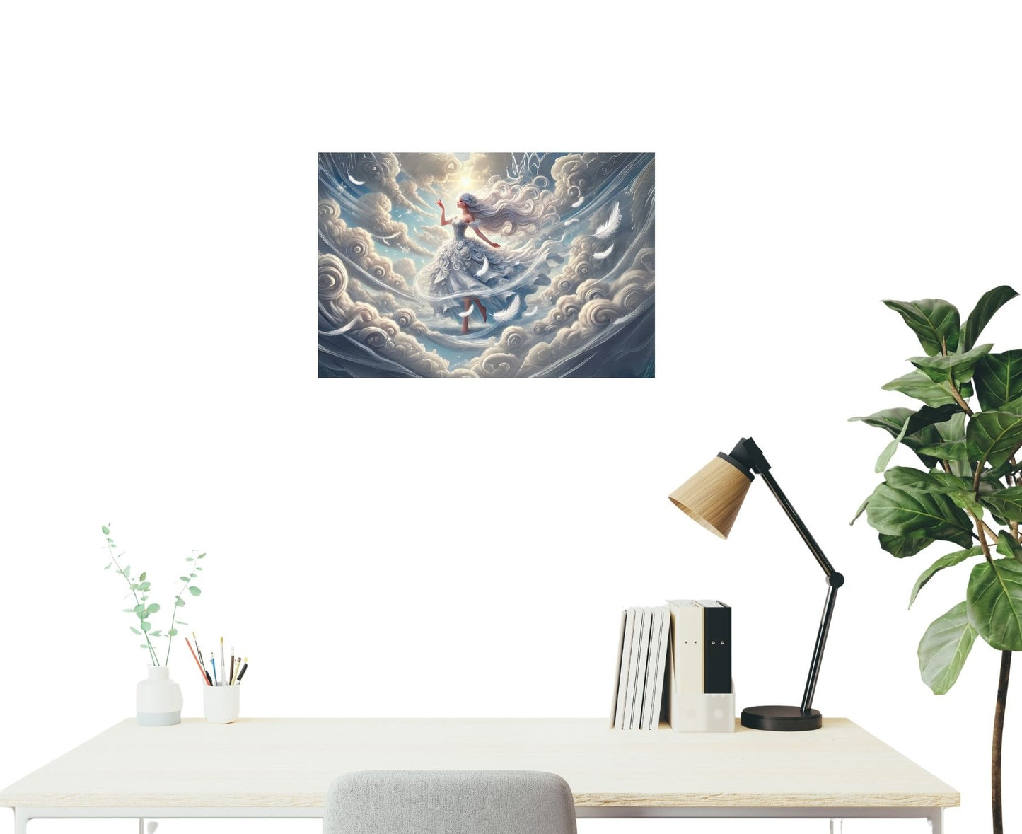 Metallposter „Die Himmelskönigin“ in eleganter Wohnwand – verträumtes Himmelsmotiv mit Wolken