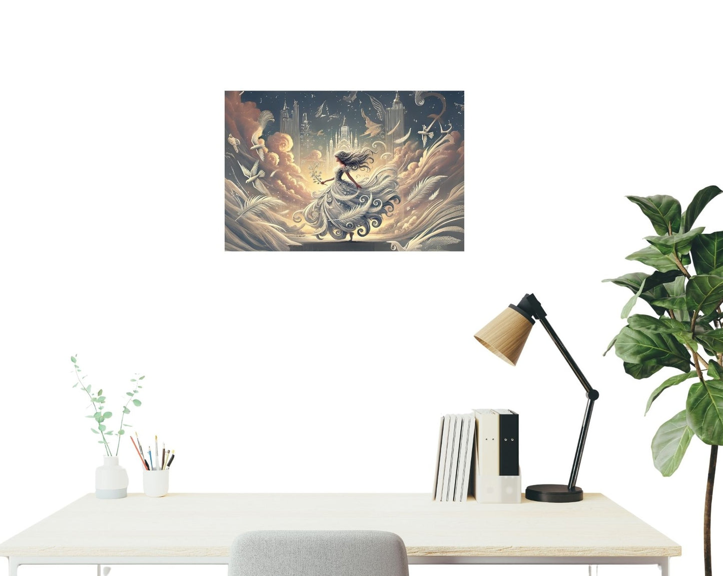 Poster ‚Göttin der Lüfte‘ an heller Wand – märchenhafte Szene mit Sternenlicht und tanzender Figur über Bett oder Sofa