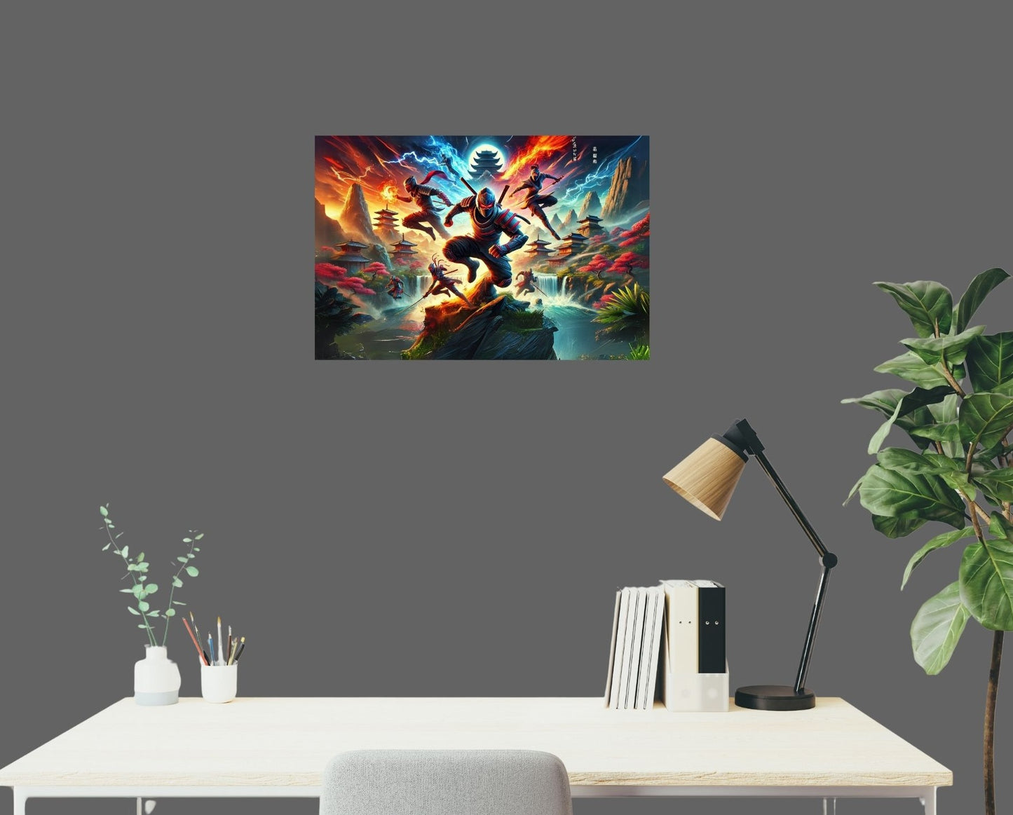 Ninja-Kampfposter über Schreibtisch – dynamisches Motiv mit epischem Elementduell für Kinder- oder Gamingzimmer
