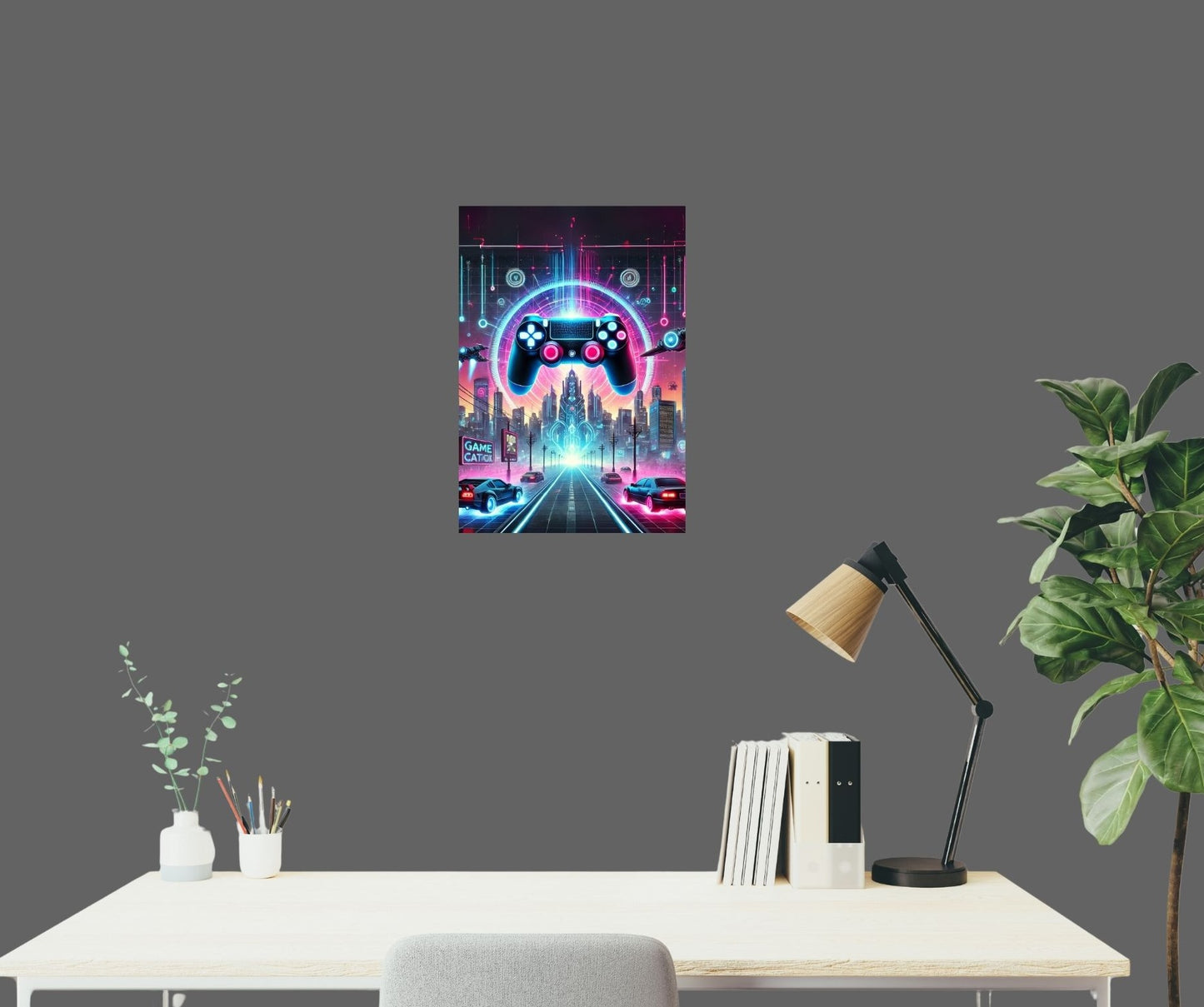 Futuristisches Poster mit Neon-Controller über moderner Couch – High-Tech-Wandkunst für Cyberpunk-Fans
