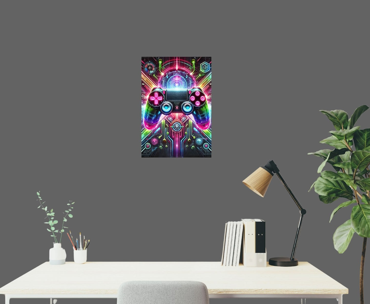 Neon-Gaming-Metallposter über Schreibtisch – stylisches Wandbild mit Controller für Gamerzimmer oder Gaming-Setup