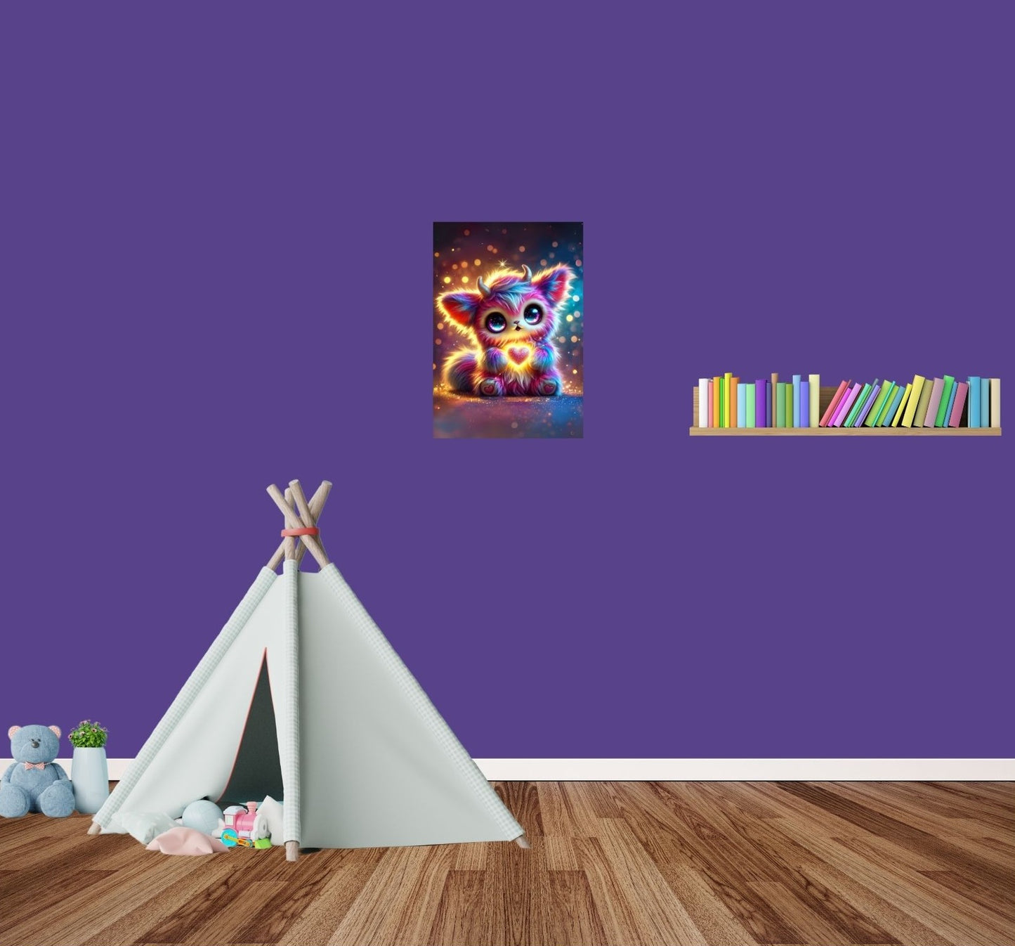 Süße Fantasie-Katze mit strahlenden Augen und glitzerndem Fell vor einem dunklen Hintergrund – leuchtendes Metallposter mit Wow-Effekt