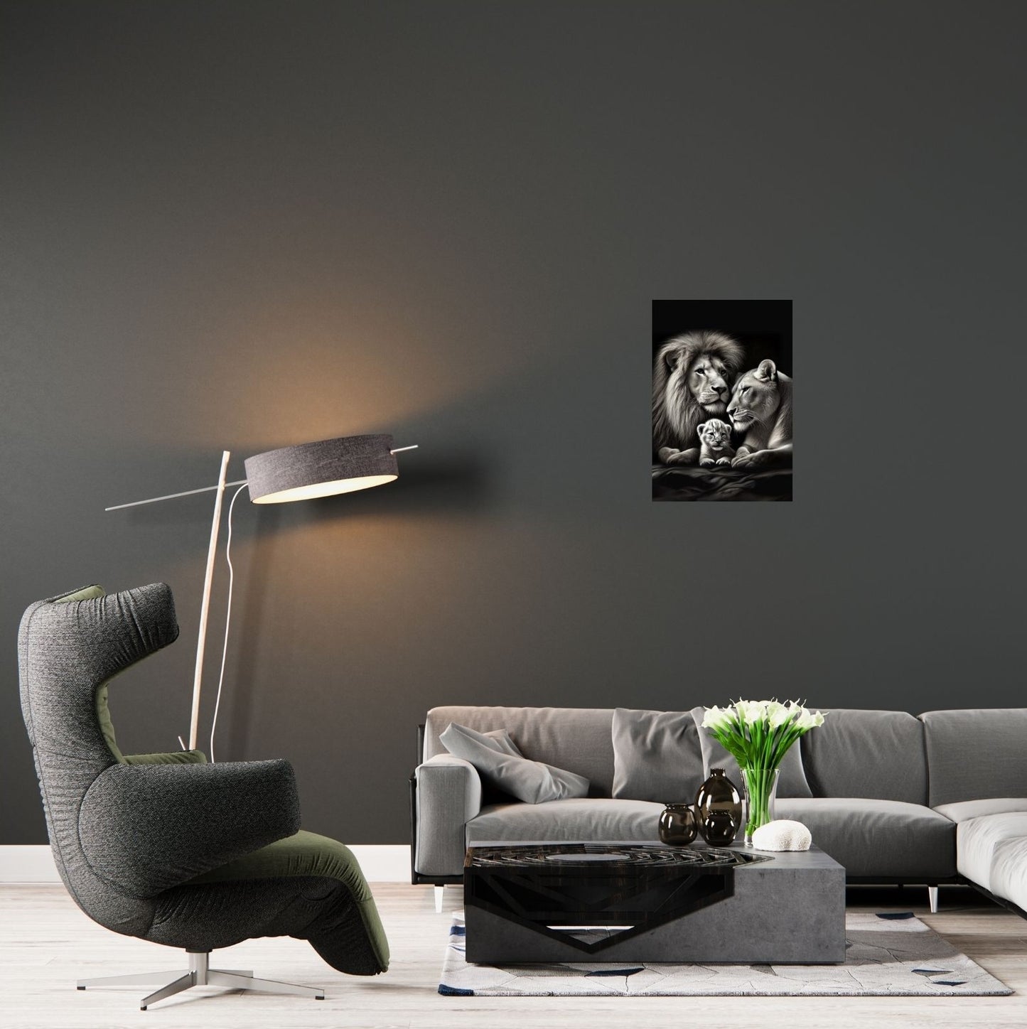 Metallposter mit Löwenfamilie an stilvoller Wand – Schwarz-Weiß-Kunstwerk mit tiefer Symbolik in moderner Einrichtung