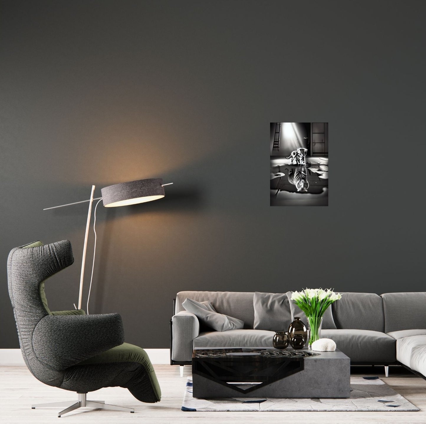 Kreatives Arbeitszimmer mit inspirierendem Poster „Die Kraft in dir“ in edler Optik