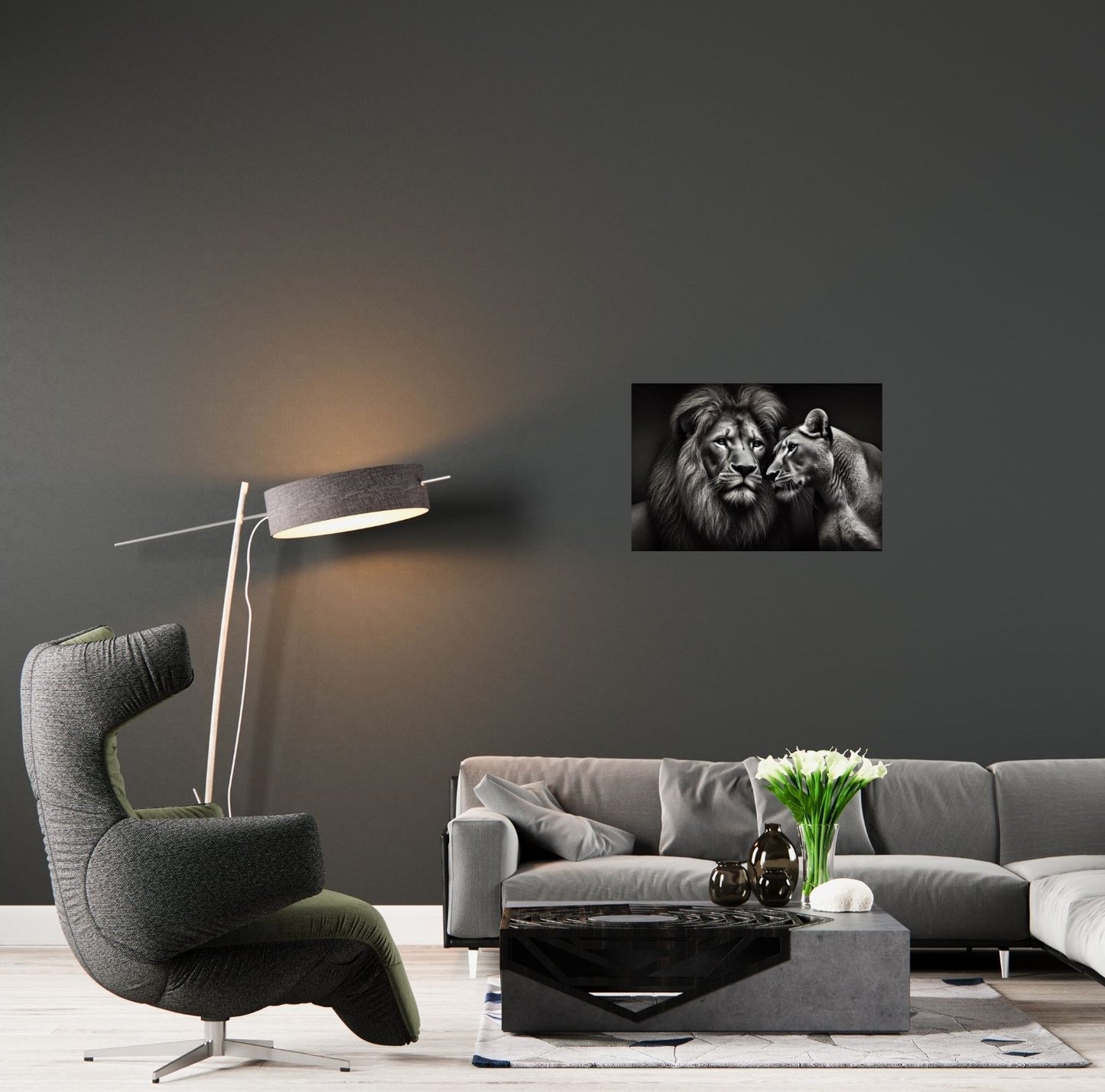 Ausdrucksstarkes Poster mit Löwe und Löwin in entspannter Pose, starke emotionale Verbindung