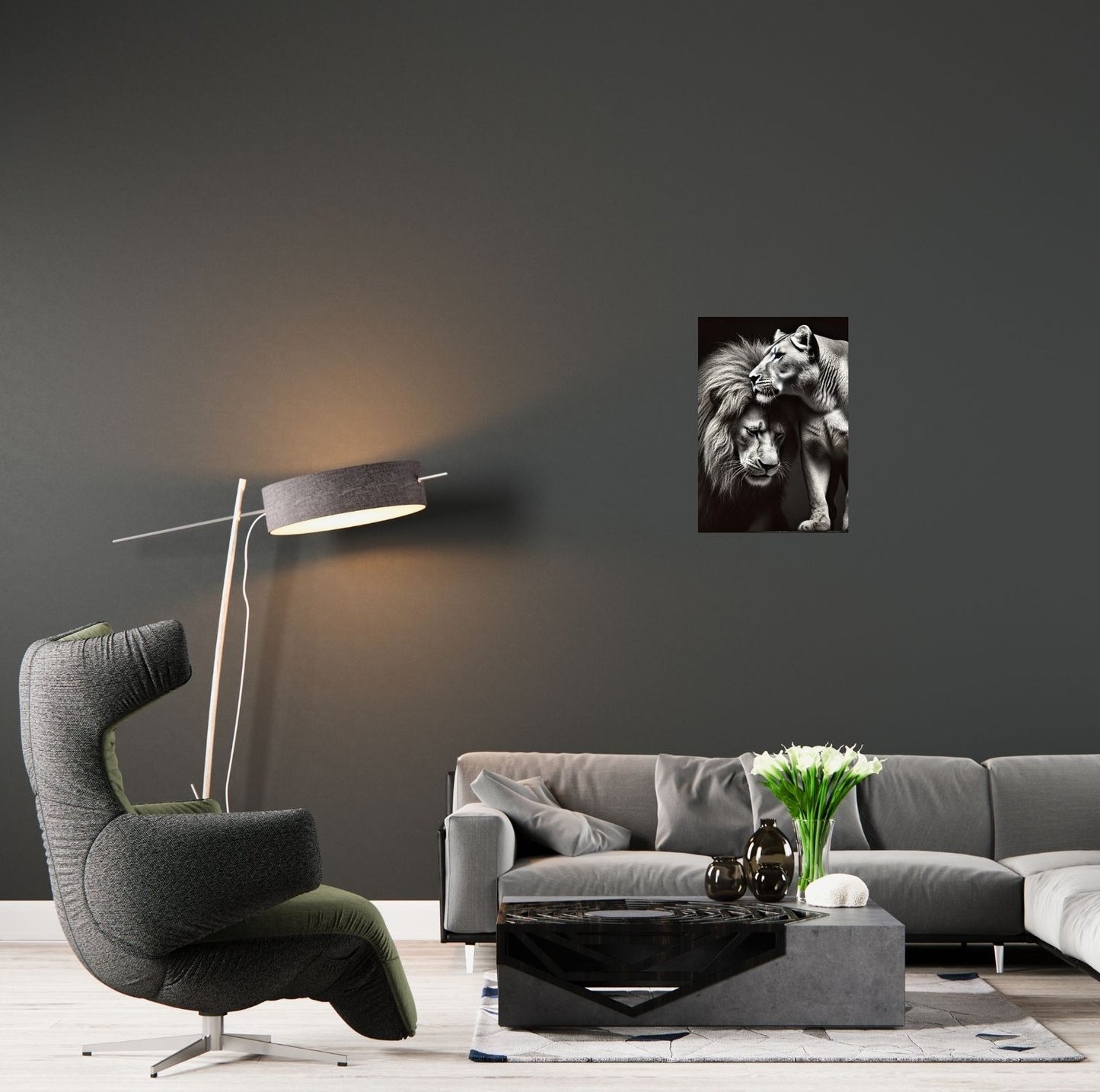 Ruhiges Schlafzimmer mit elegantem Löwenposter in Schwarz-Weiß-Stil