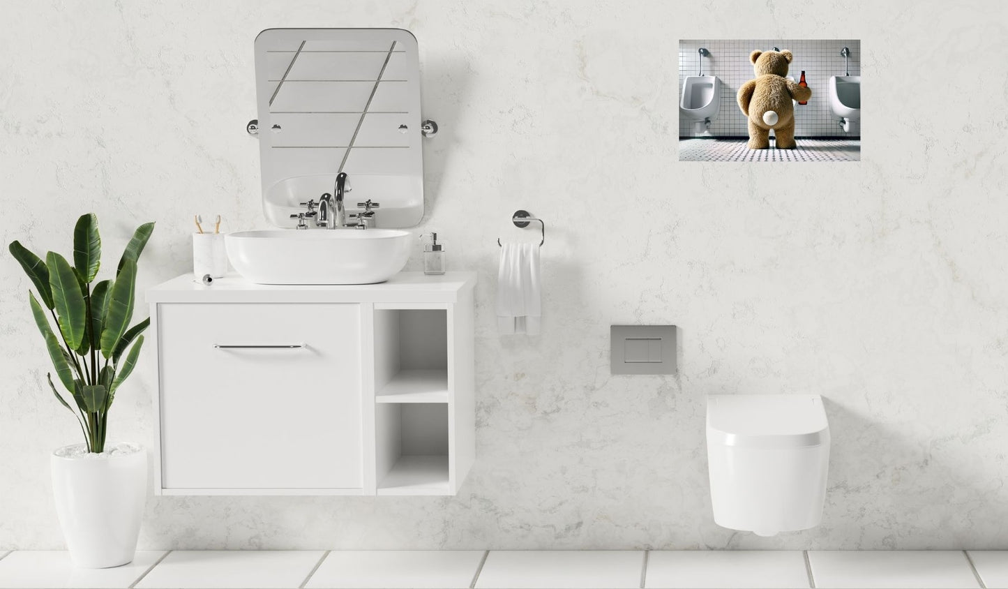 Gästetoilette mit witzigem Metallposter: Bär auf dem Klo beim Biertrinken – perfektes WC-Dekor