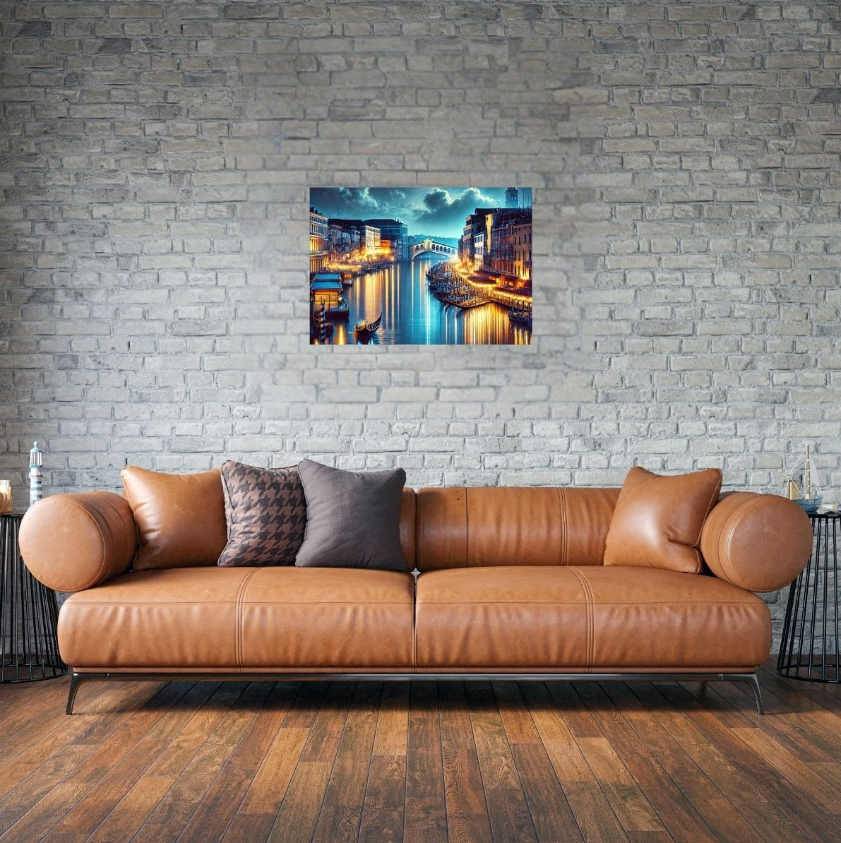 Schlafzimmer mit elegantem Venedig-Poster in warmen Gold- und Blautönen