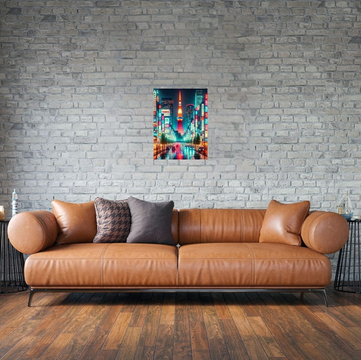 Gaming-Zimmer mit knalligem Tokyo-Poster im Cyberpunk-Stil an der Wand