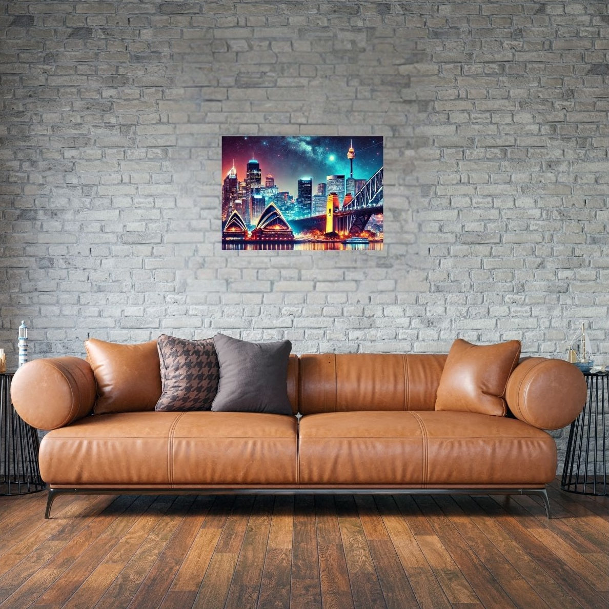 Stylisches Wohnzimmer mit stimmungsvollem Sydney-Metallposter in leuchtenden Farben