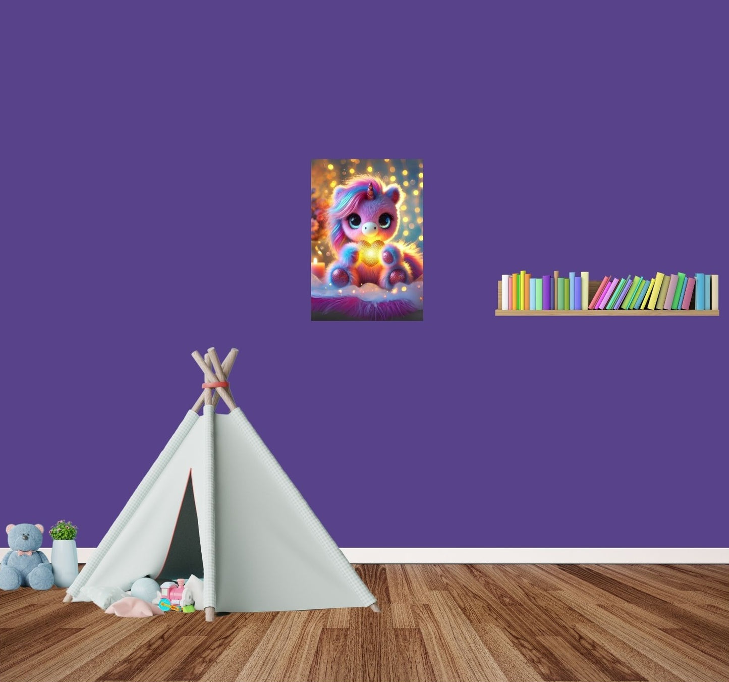Buntes Einhorn mit funkelnden Details, das ein leuchtendes Herz hält – magisches Metallposter für Kinderzimmer oder kreative Wohnideen