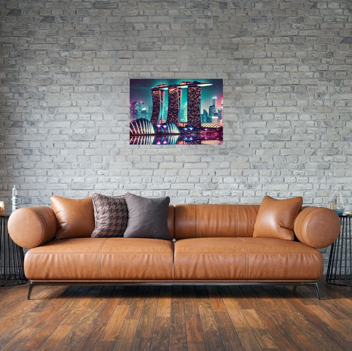 Eleganter Wohnraum mit tropisch-modernem Singapur-Poster als Blickfang in urbanem Stil