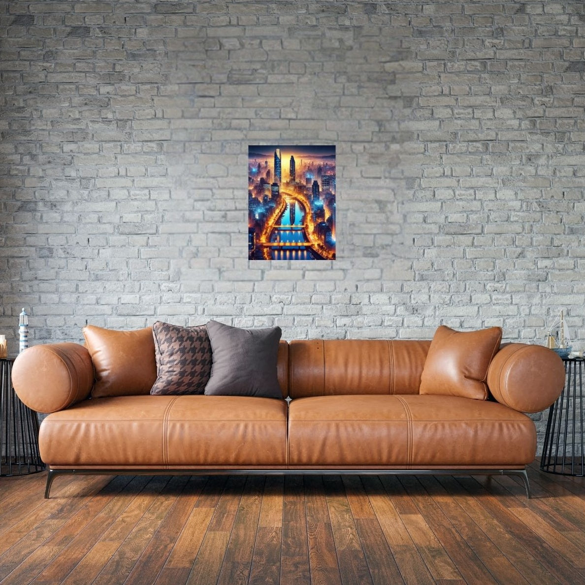 Wohnzimmer mit modernem Santiago-Poster in dunklen Blautönen als stilvoller Akzent