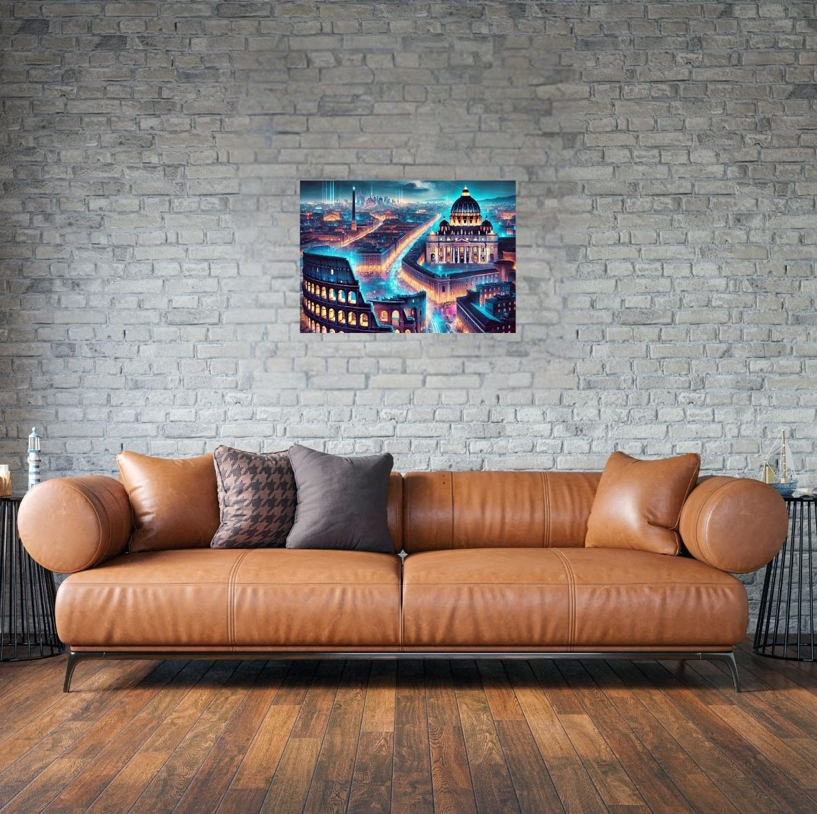 Wandbild Rom bei Nacht über Couch – edles Metallposter mit magischer Lichtstimmung und Monumenten