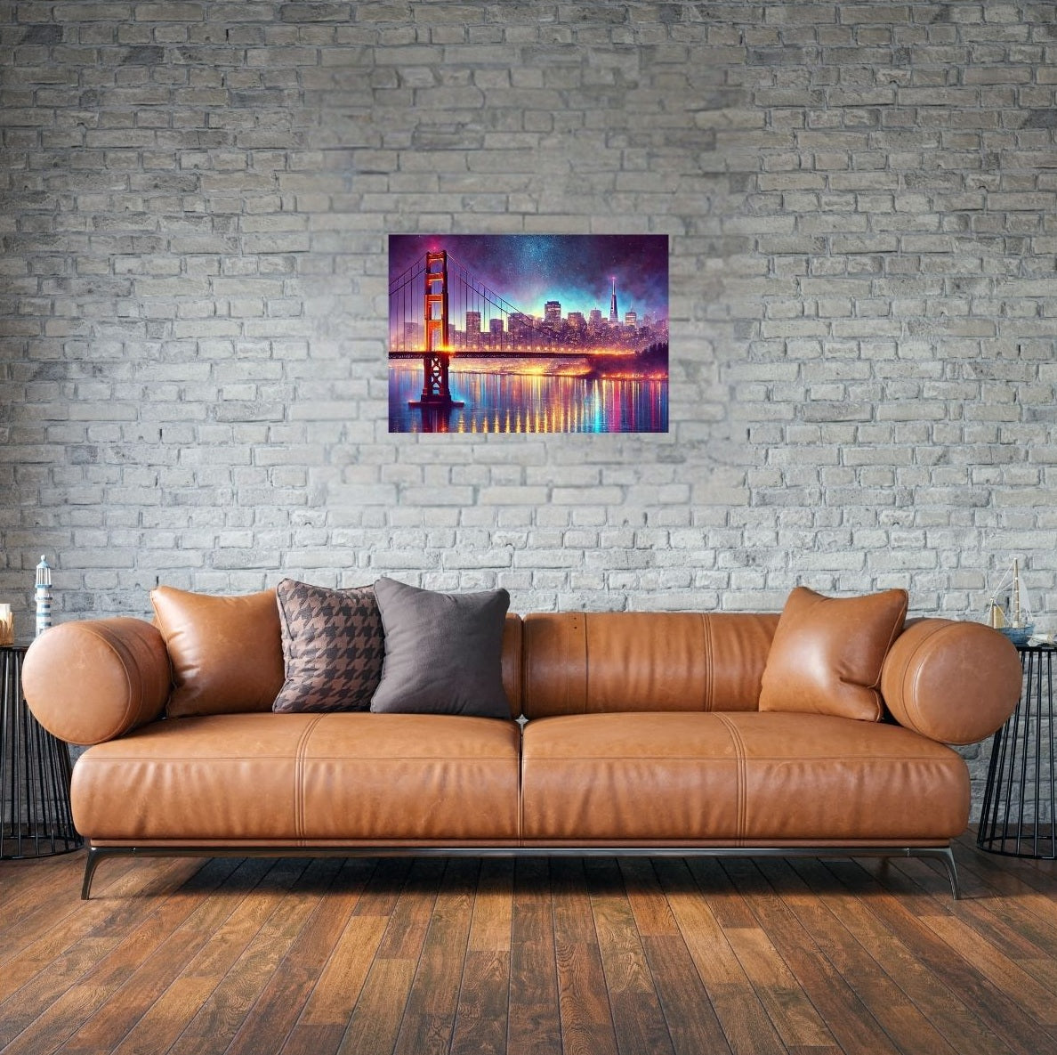 San Francisco Poster über Sofa – leuchtende Stadtbrücke auf Premium-Metallposter mit Magnetmontage