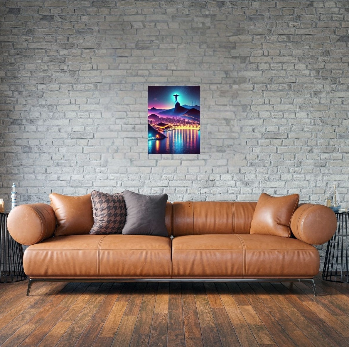 Wandbild Rio mit Skyline und leuchtender Christusstatue – Hochglanz-Metallposter über Couch