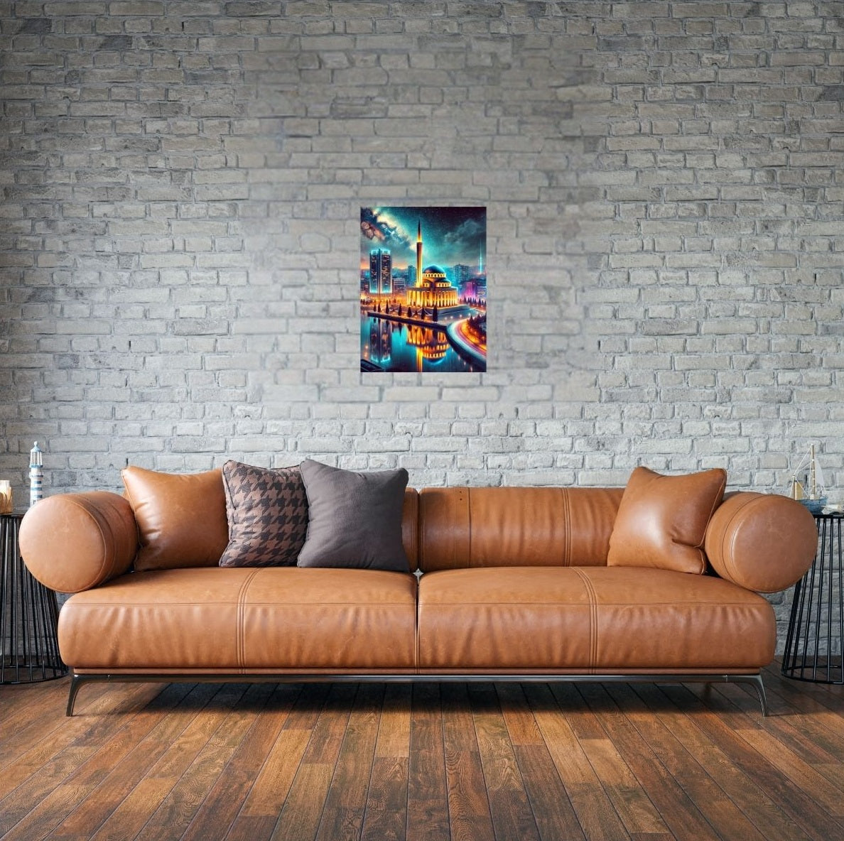 Poster mit Moschee und Hochhäusern in stimmungsvoller Wohnumgebung.