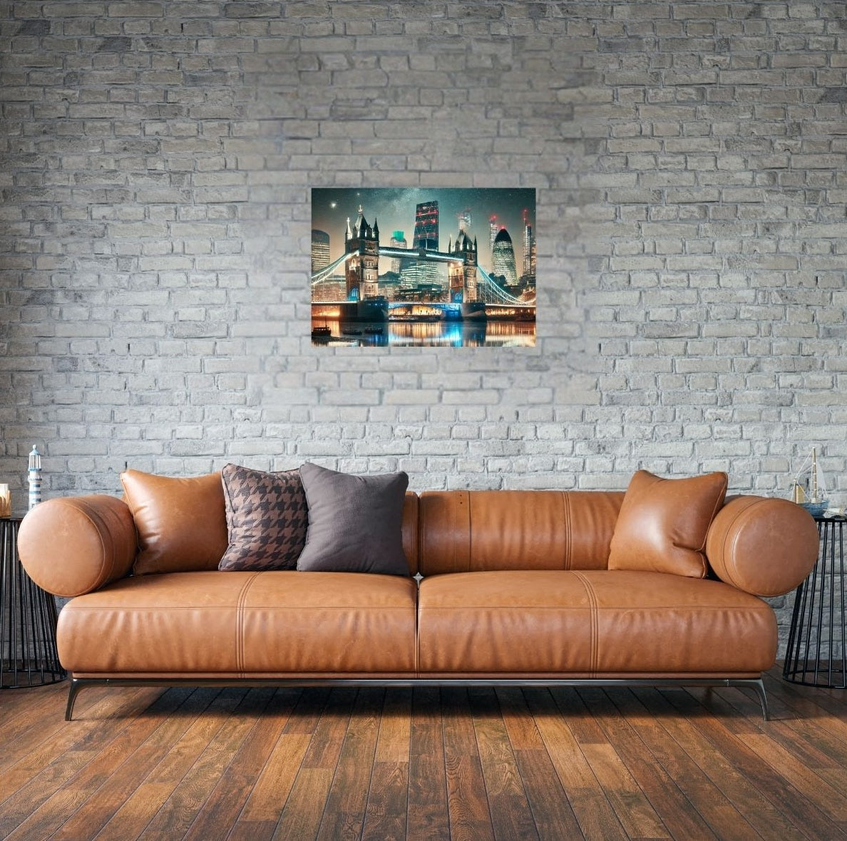 Wandbild London mit beleuchteter Brücke und Skyline über Sofa – Premium-Metallposter mit Magnetmontage