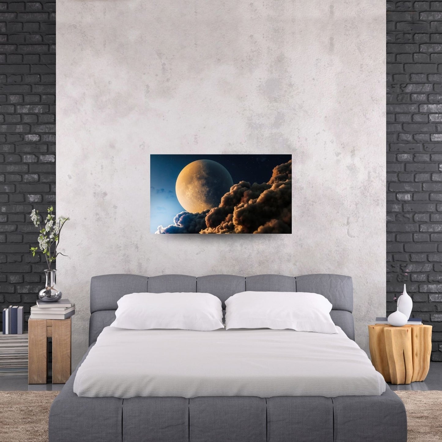 Schlafzimmer mit Wandbild einer dramatischen Mondlandschaft – kosmische Atmosphäre für moderne Räume