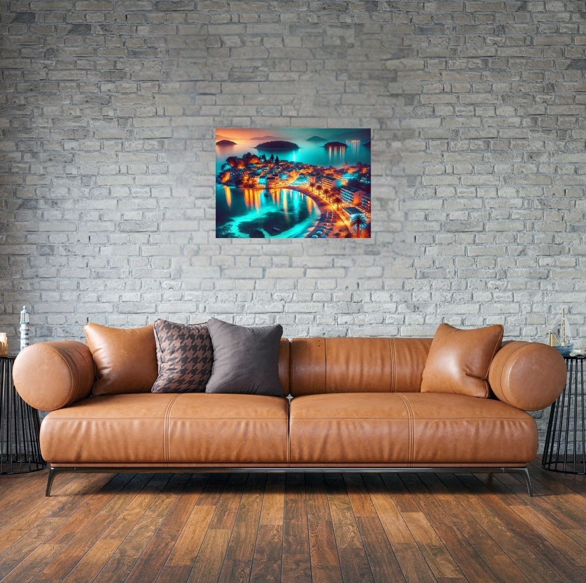Leuchtendes Albanien-Metallposter mit mediterraner Küstenidylle, stilvoll über Couch platziert