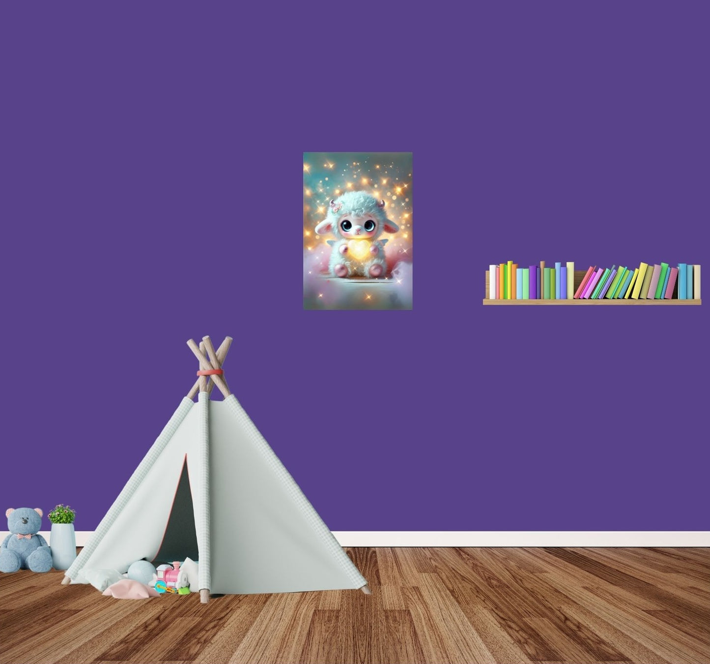 Niedliches Schaf mit großen, leuchtenden Augen und Sternenlicht in der Pfote – zauberhaftes Metallposter mit Tiefenwirkung und funkelndem Hintergrund