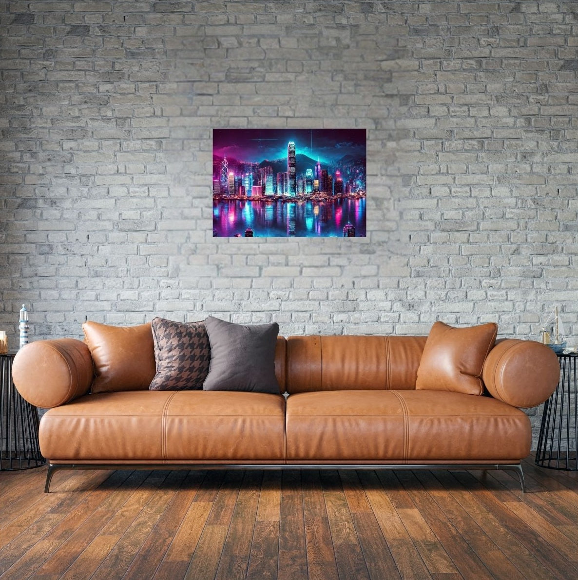 Stilvolles Wohnzimmer mit Poster „Magisches Hongkong“ – bunte Reflexionen und Cyberpunk-Look an der Wand.