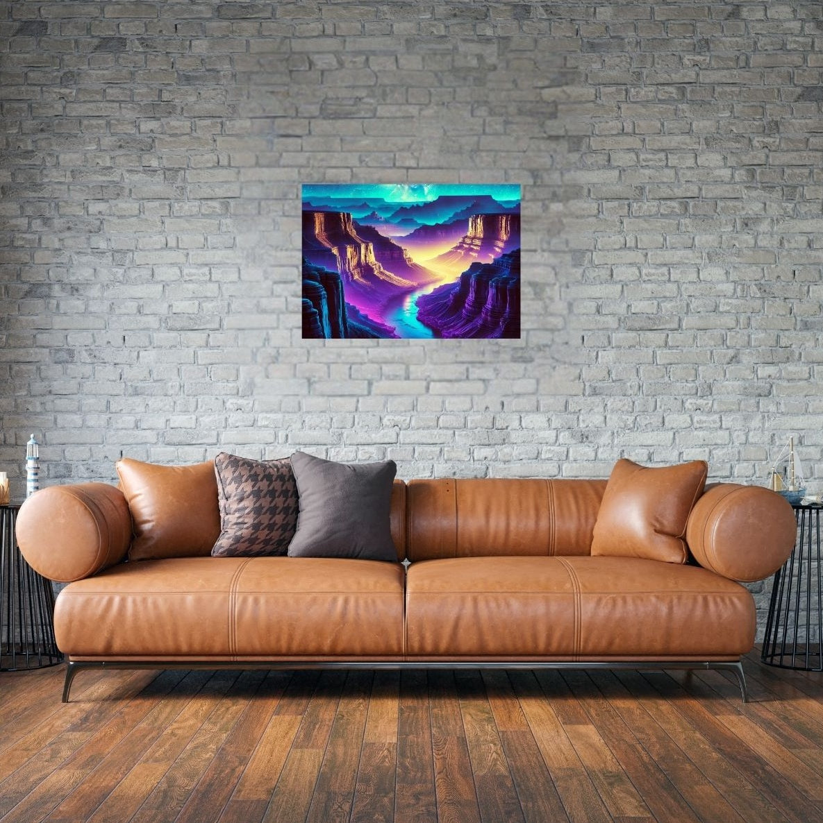 Futuristisches Wandbild im Wohnzimmer – der Canyon in Neonfarben als farbenstarker Eyecatcher.