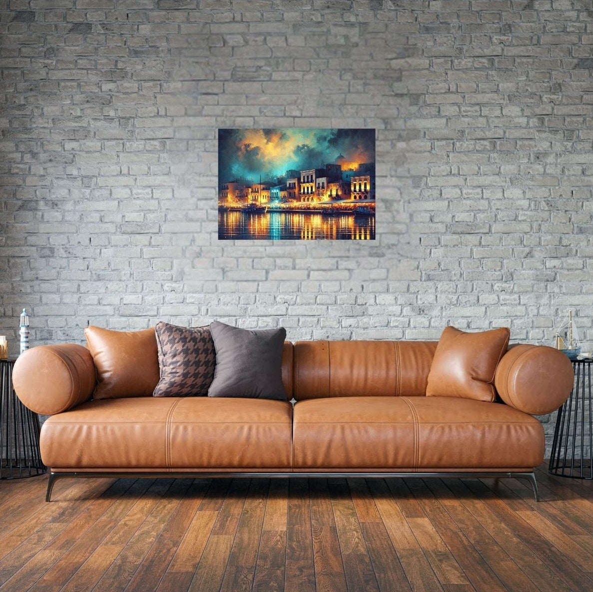 Gemütliche Einrichtung mit romantischem Kreta-Metallposter – mediterrane Abendstimmung fürs Zuhause.