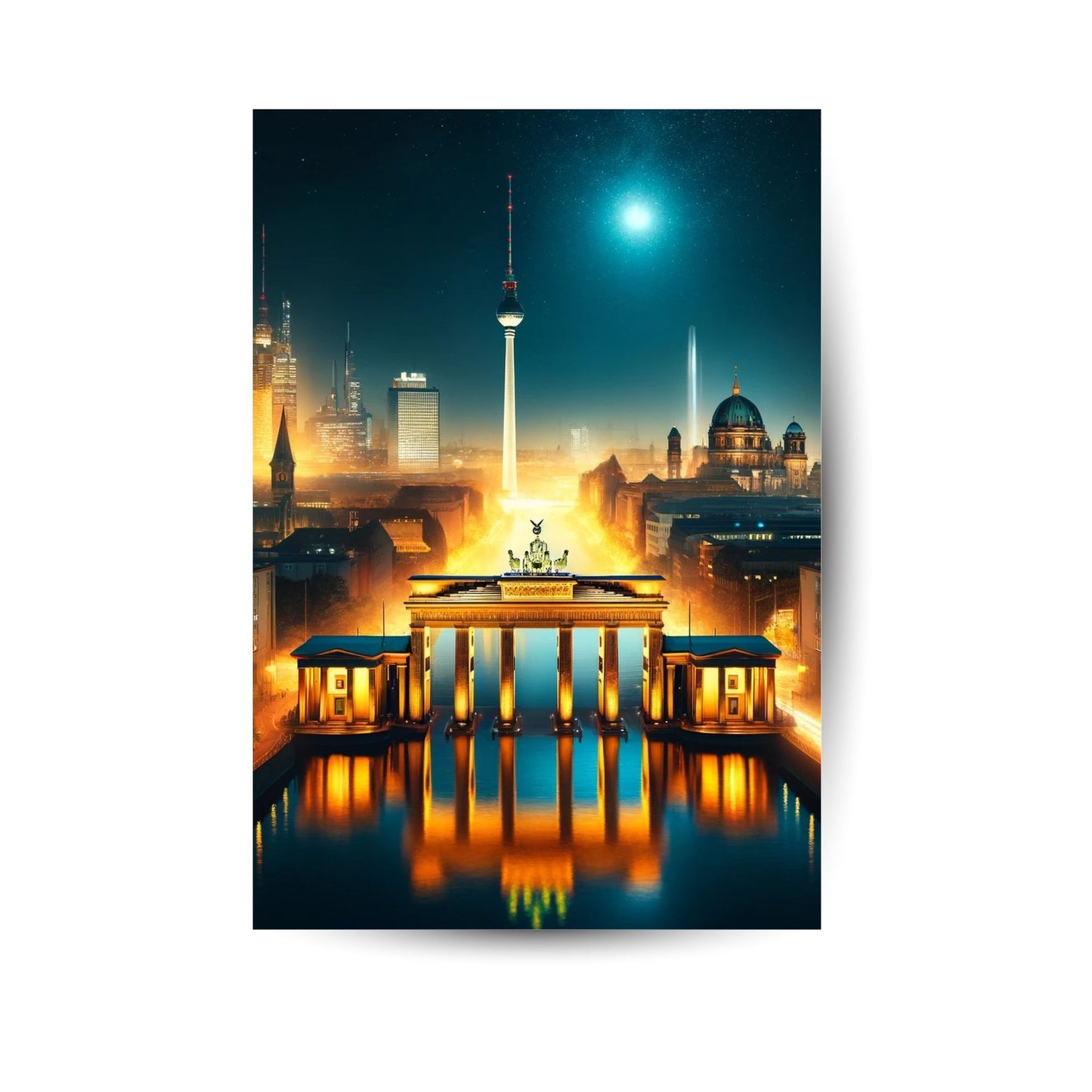 Metallposter mit dem Brandenburger Tor und Fernsehturm – die Berliner Skyline im nächtlichen Lichtschein.