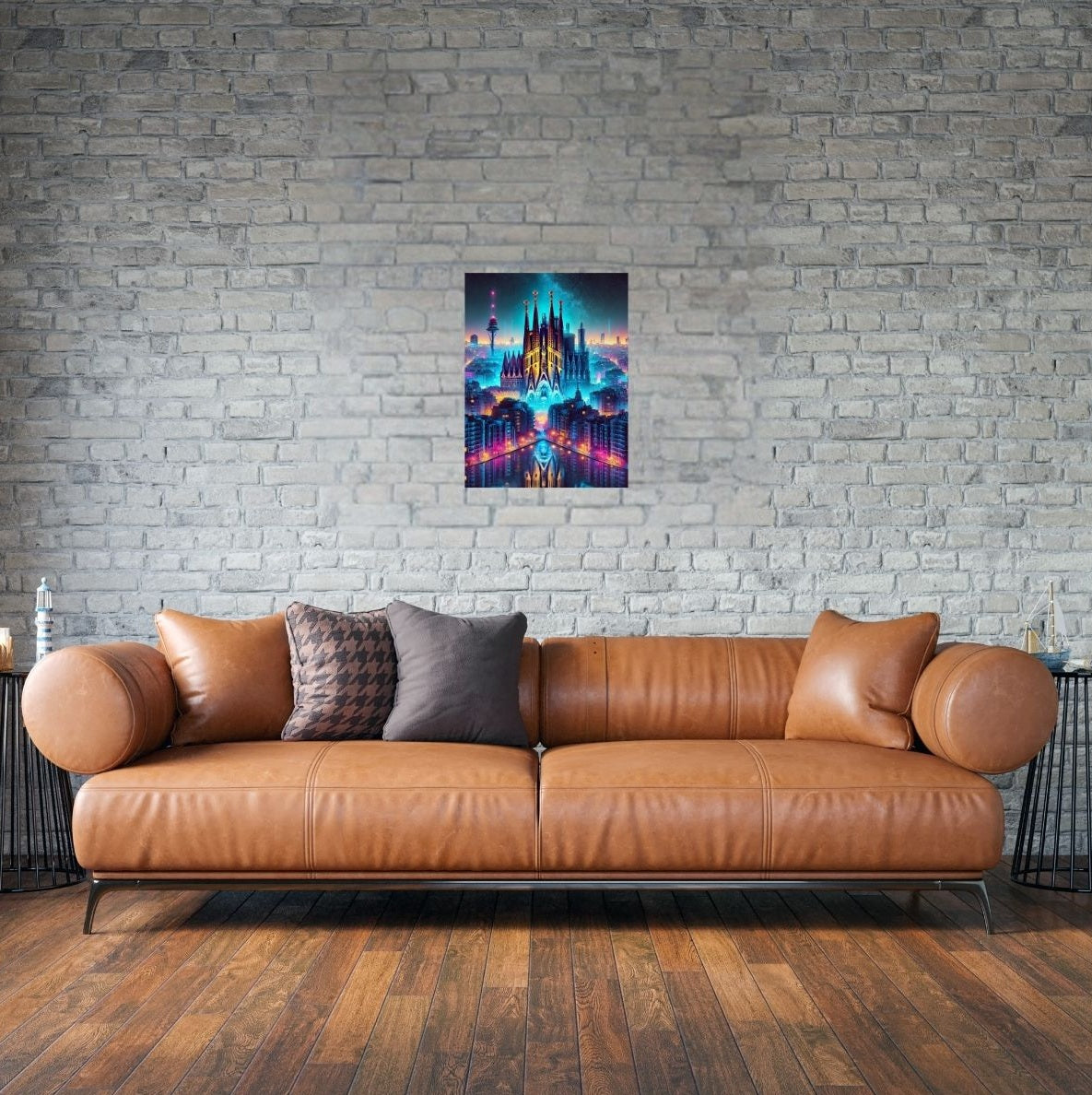 Stilvolles Sofa mit beeindruckendem Barcelona-Metallposter – moderne Raumgestaltung mit urbanem Flair.