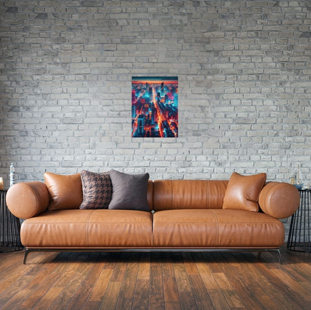 Farbstarkes Poster mit Shanghai Skyline als moderner Blickfang über Ledercouch