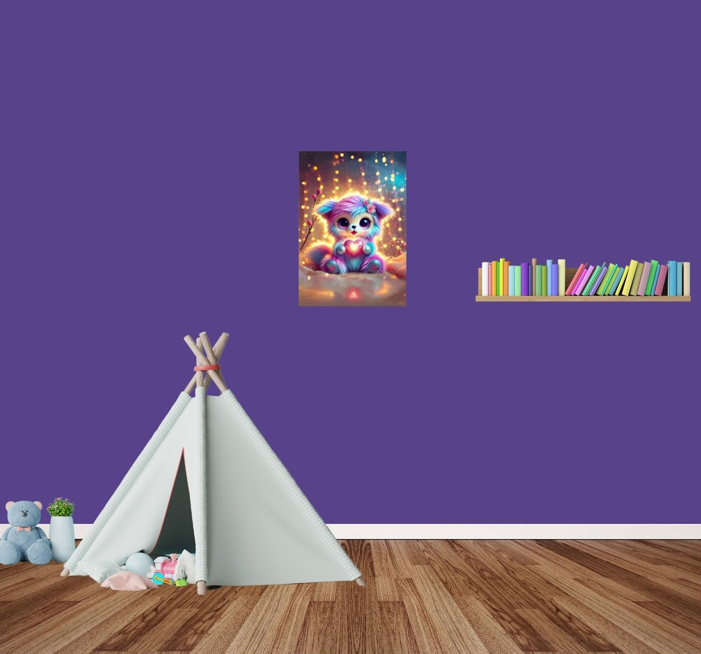 Niedliches Tiermotiv mit leuchtendem Herz in der Pfote vor funkelndem Hintergrund – magisches Metallposter mit Hochglanz und warmen Farben