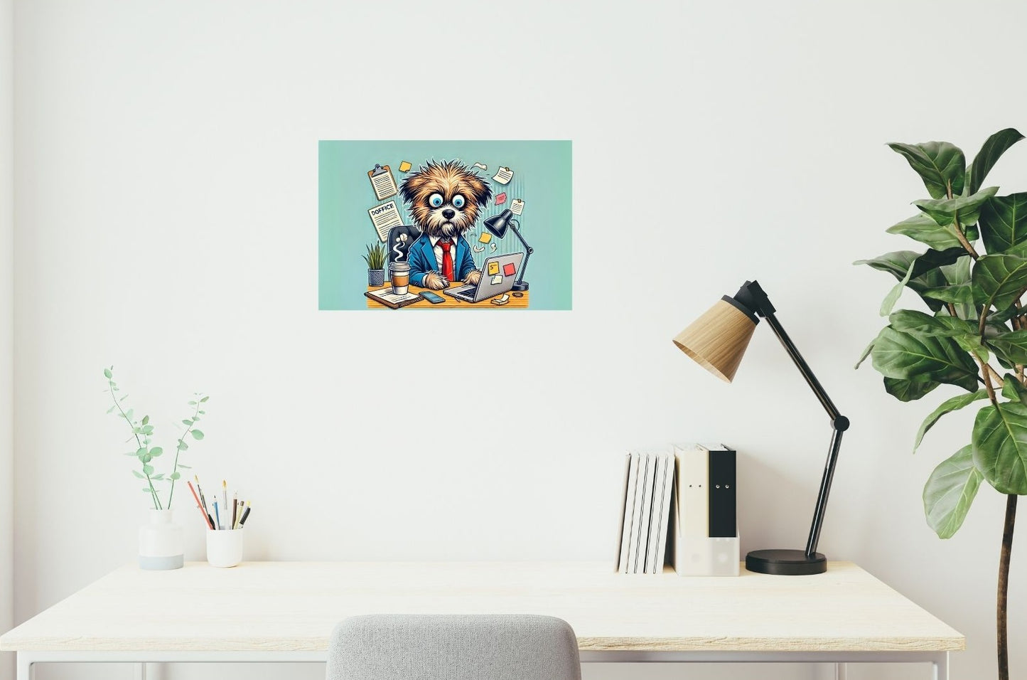 Lustiges Metallposter mit zerzaustem Hund im Anzug zwischen Bürochaos – perfektes Motiv fürs Home-Office